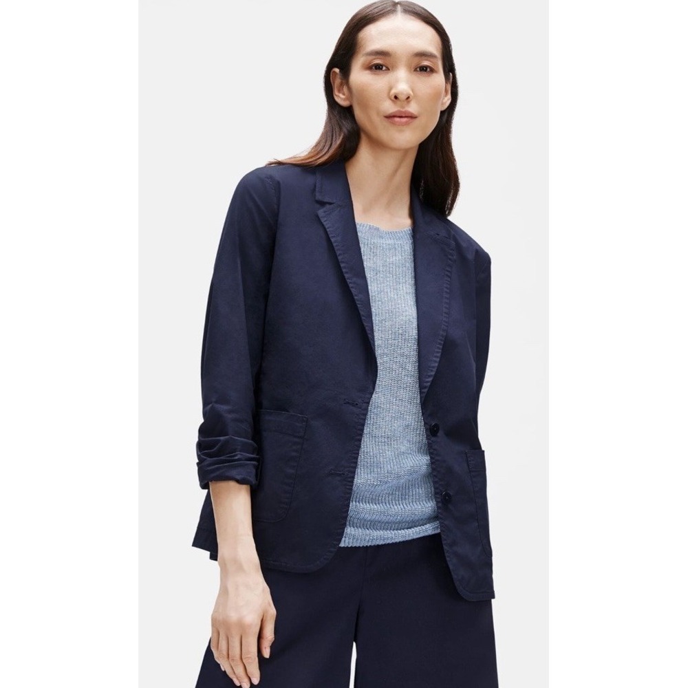 Eileen Fisher Organic Cotton Poplin Blazer Women XXS Blue Workwear Modernist